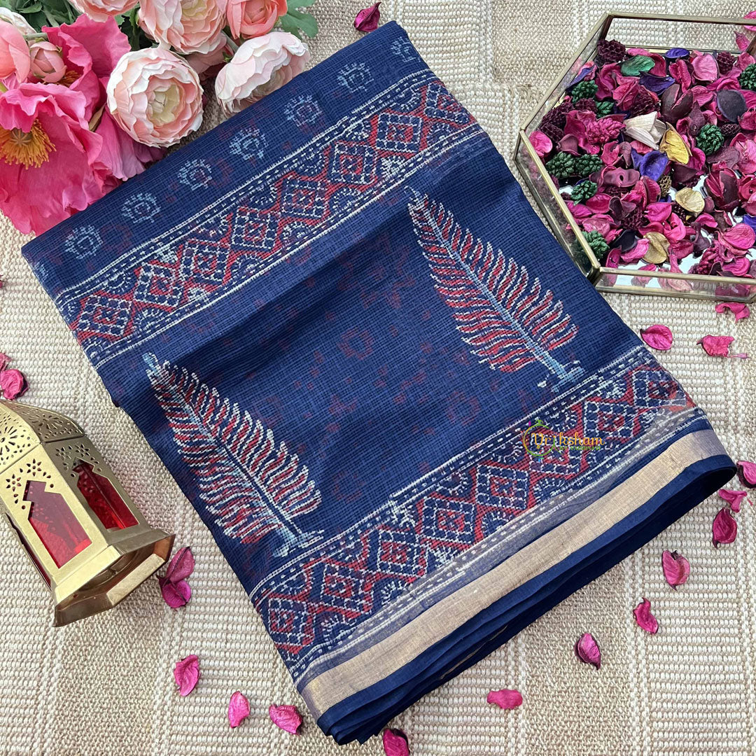 Vriksham Royal Blue & Red Leaf Hand block Kota Cotton Saree-VS4923