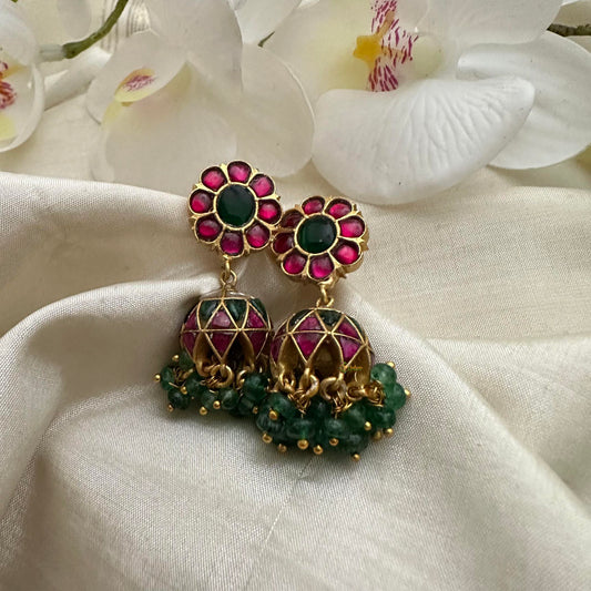 Pecious Jadau Kundan Jhumkas-Green Beads-J2134