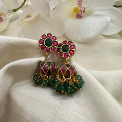 Pecious Jadau Kundan Jhumkas-Green Beads-J2134