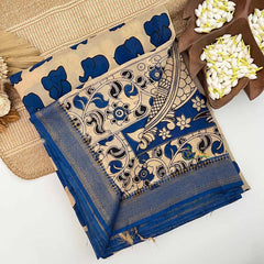 Vriksham Off-White With Royal Blue Elephant Printed With Golden Zari Nizam Border Kalamkari Saree-VS5003
