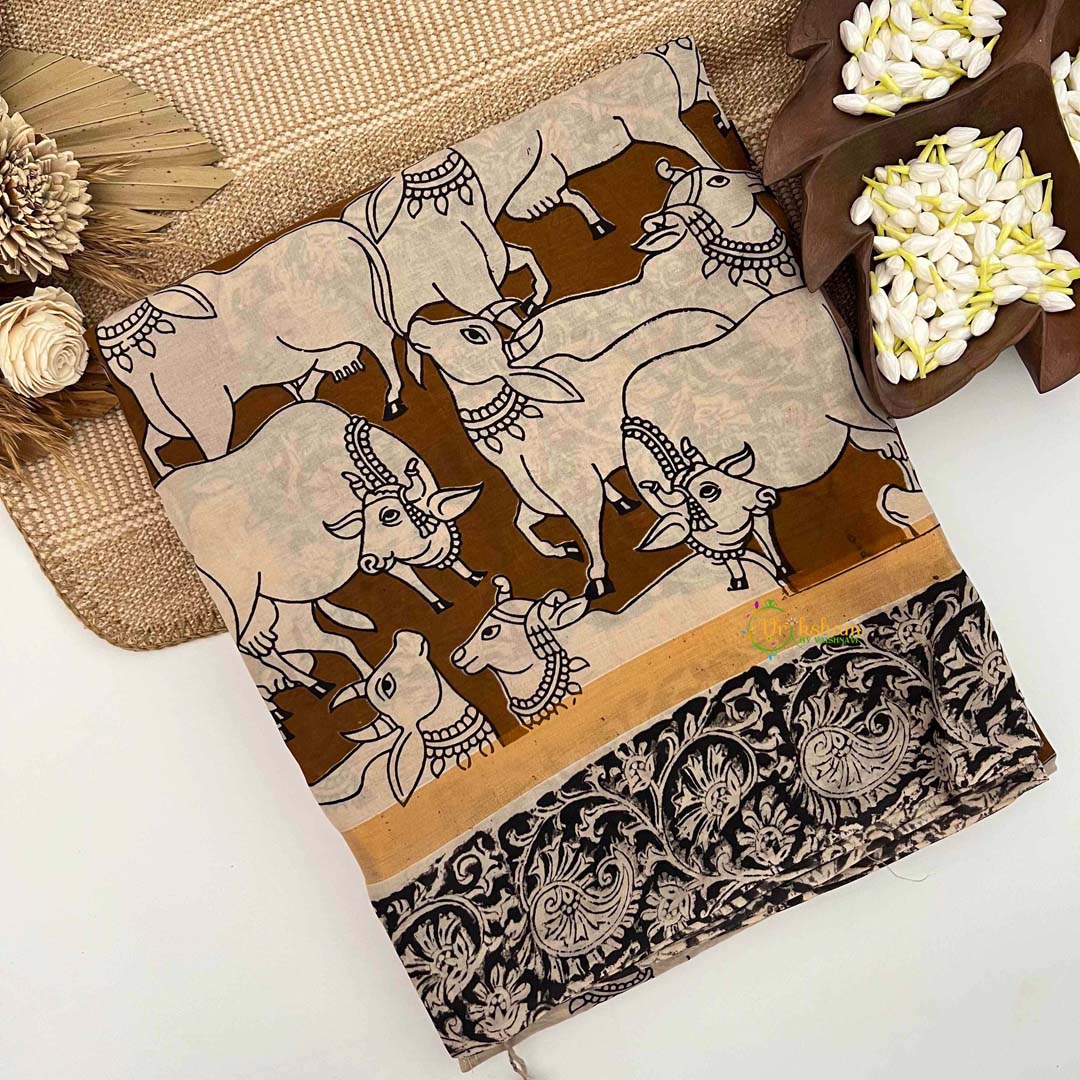 Vriksham Brown Pichwai Printed With Black Gatti Border Kalamkari Saree-VS5013