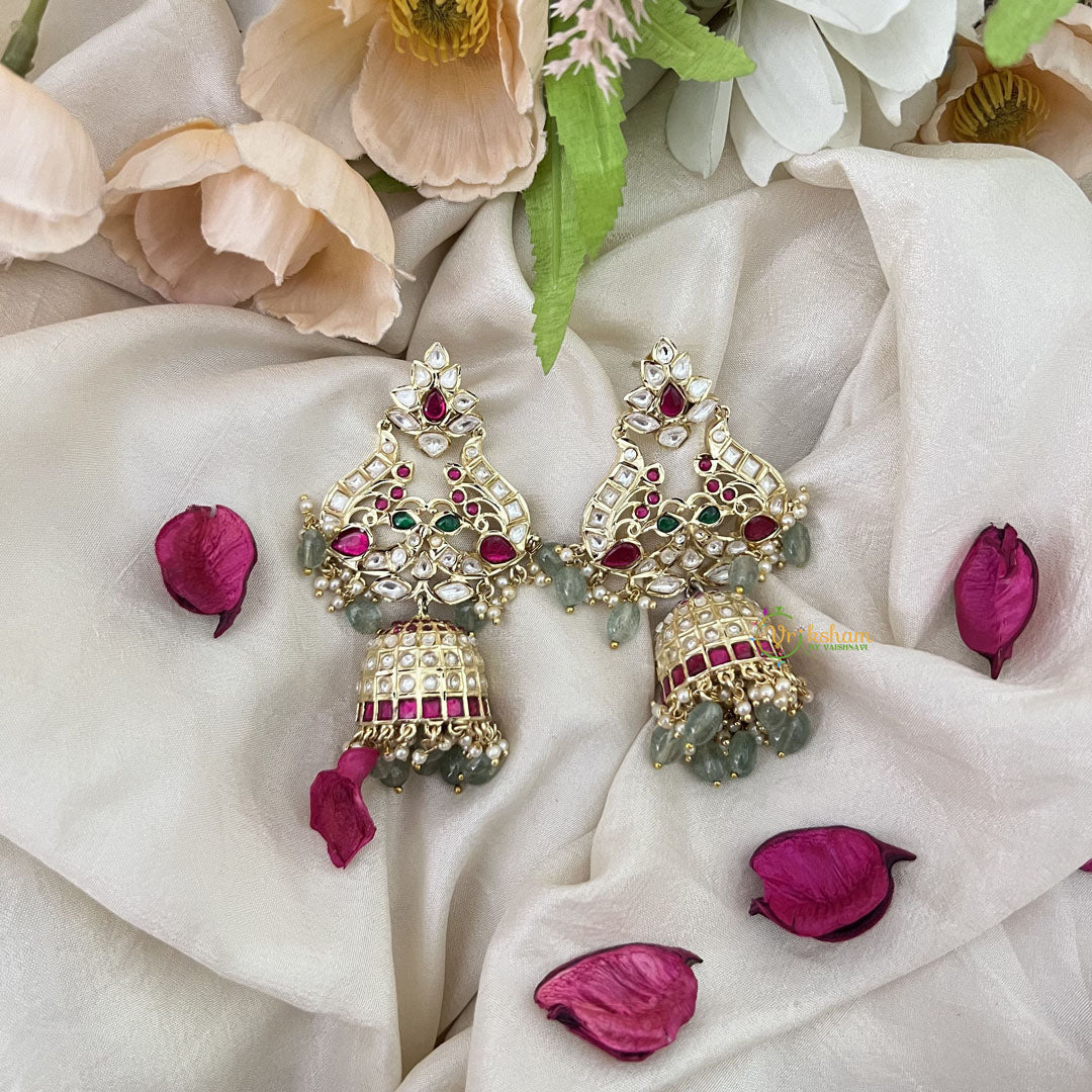 Vriksham Unique Dual Peacock Jhumka-White Red & Green-Pastel Green Bead-G17733