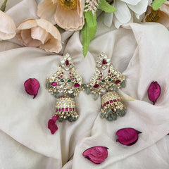 Vriksham Unique Dual Peacock Jhumka-White Red & Green-Pastel Green Bead-G17733