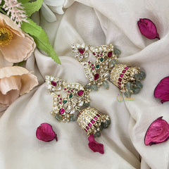 Vriksham Unique Dual Peacock Jhumka-White Red & Green-Pastel Green Bead-G17733