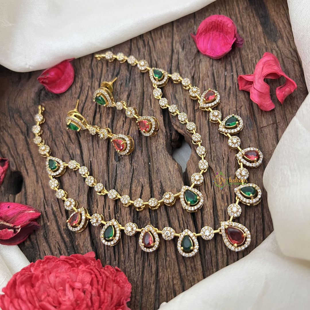 Vriksham Elegant 2 Layer Red Green AD Stone Short Neckpiece-Tear drop-G18510