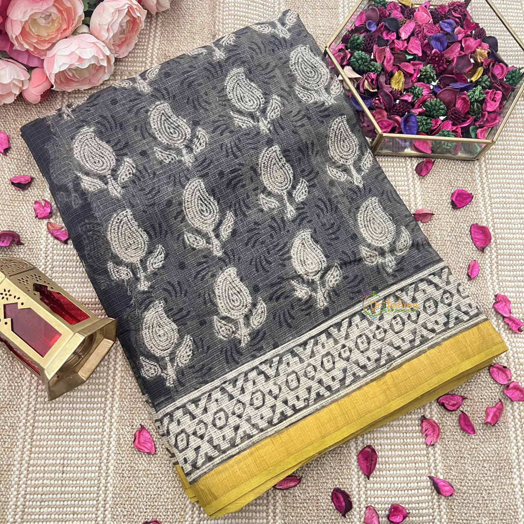 Vriksham Gray & White Floral Printed With Yellow Border Kota Cotton Saree-VS4909