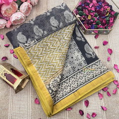 Vriksham Gray & White Floral Printed With Yellow Border Kota Cotton Saree-VS4909