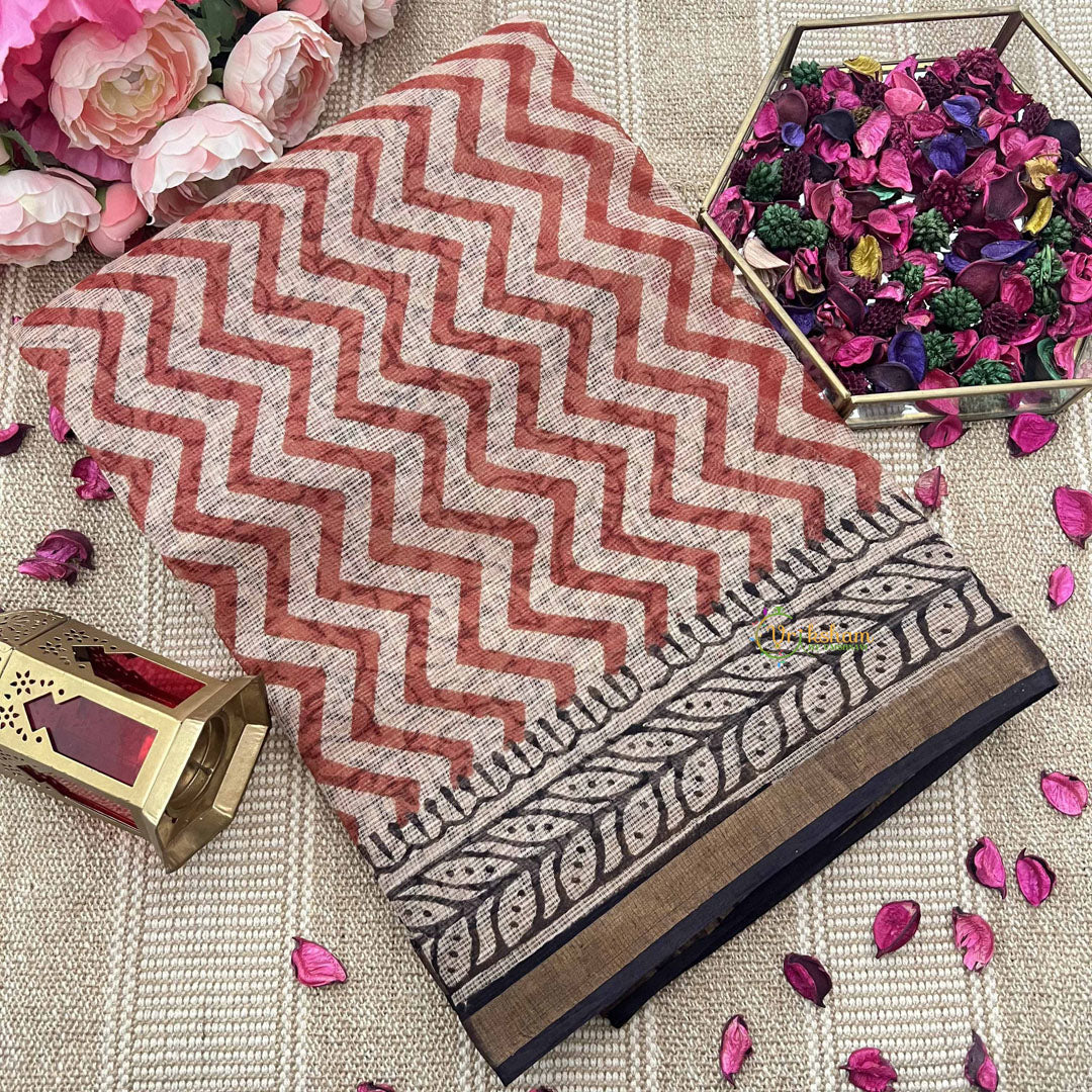 Vriksham White and Red Zigzag Print Kota Cotton Saree-VS4903