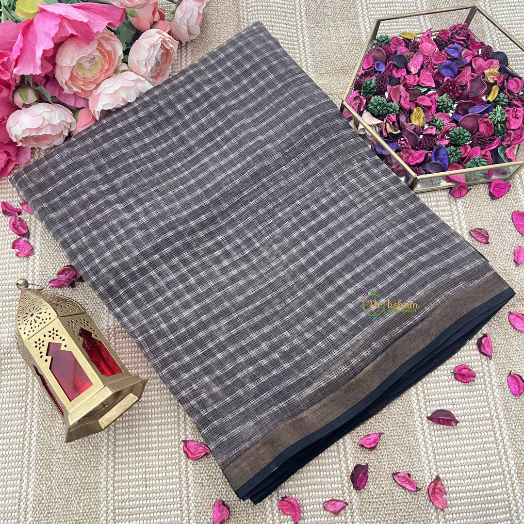 Vriksham Dark Brown & White Lines Printed Kota Cotton Saree-VS4916