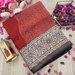 Vriksham Dark Rose Viney Black Wave Printed Kota Cotton Saree-VS4915