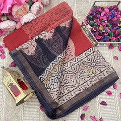 Vriksham Dark Rose Viney Black Wave Printed Kota Cotton Saree-VS4915