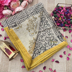 Vriksham Black And White Checks Yellow Border Kota Cotton Saree-VS4898