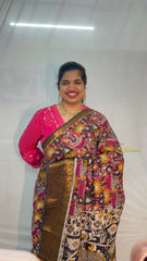 Vriksham Onion Pink Goddess & Lotus Design Printed With Black Kanchi Border Kalamkari Saree-VS5009