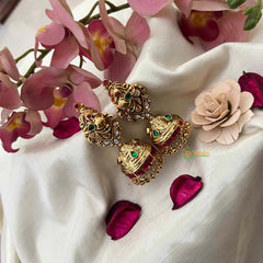 Vriksham Classic Kemp Stone Peacock With Gold Bead Droplets One Gram Jhumka Earrings-