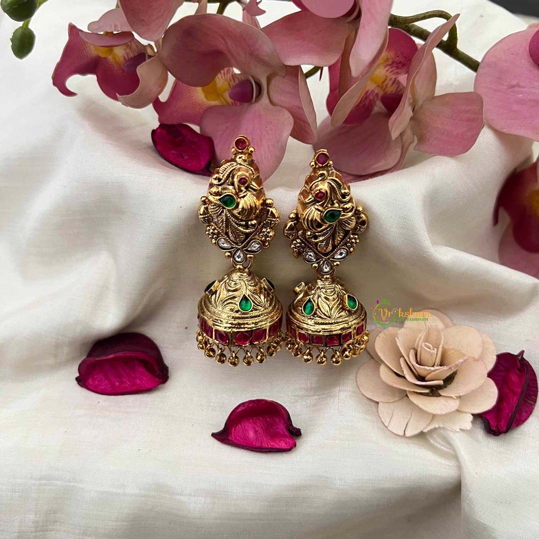 Vriksham Classic Kemp Stone Peacock With Gold Bead Droplets One Gram Jhumka Earrings-