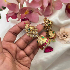 Vriksham Classic Kemp Stone Peacock With Gold Bead Droplets One Gram Jhumka Earrings-