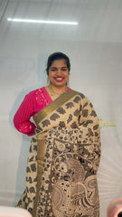 Vriksham Off-White With Slate Grey Elephant Printed With Golden Zari Nizam Border Kalamkari Saree-VS5002