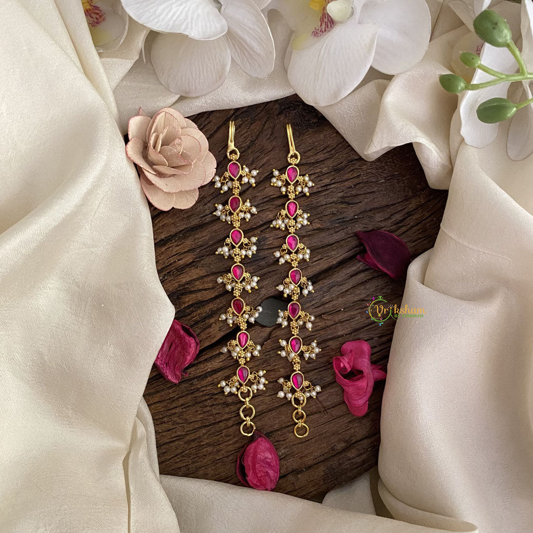 Vriksham Premium Kemp Single Strand Kundan Jadau Maatil with White Pearl-Pink-J2993