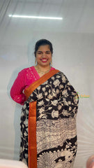 Vriksham Black Pichwai & Lotus Bloom Printed With Golden Zari Nizam Border Kalamkari Saree-VS5000