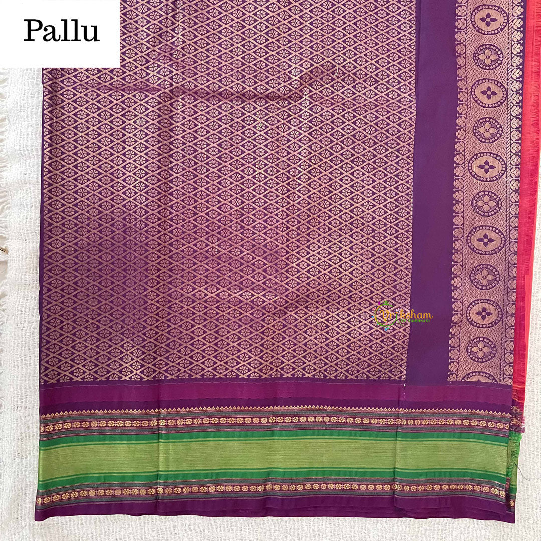 Vriksham Vibrant Coral Pink With Green & Purple Zari Border Kanchi Silk Saree-VS4790