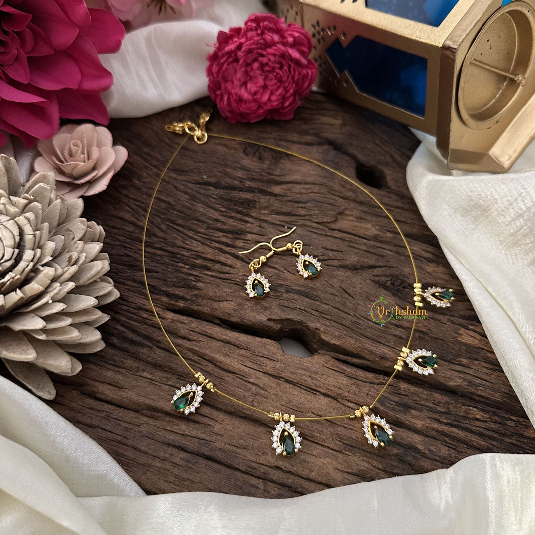 Vriksham 5 Tear Drop Shape Pendant Invisible Chain-Green White-G18466