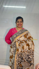 Vriksham Brown Pichwai Printed With Black Gatti Border Kalamkari Saree-VS5013