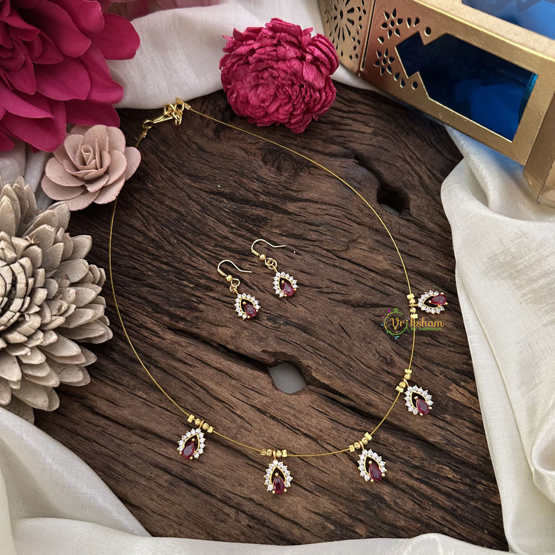 Vriksham 5 Tear Drop Shape Pendant Invisible Chain-Red White-G18469