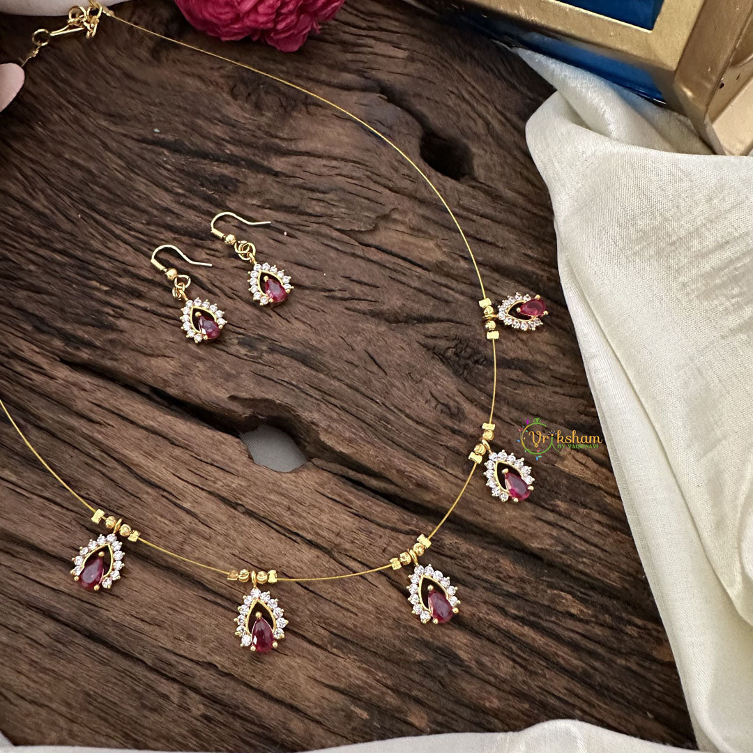 Vriksham 5 Tear Drop Shape Pendant Invisible Chain-Red White-G18469