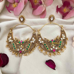 Vriksham Heritage Peacock Motif Oversized Chandbalis With Delicate Pearl Droplets Earrings-Red-G22261