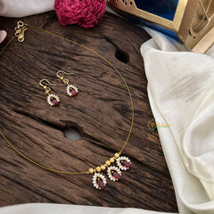 Vriksham 3 Tear Drop Shape Pendant Invisible Chain-Red White-G18468
