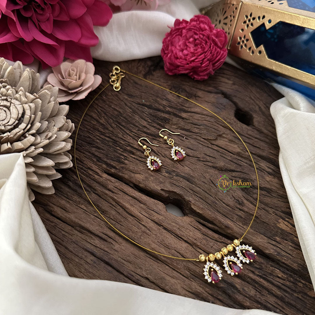 Vriksham 3 Tear Drop Shape Pendant Invisible Chain-Red White-G18468