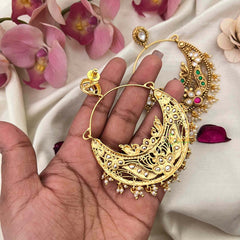 Vriksham Heritage Peacock Motif Oversized Chandbalis With Delicate Pearl Droplets Earrings-Red-G22261