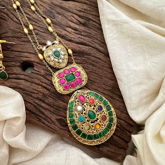 Precious Jadau Kundan Layered Pendant Chain -Green-J2198