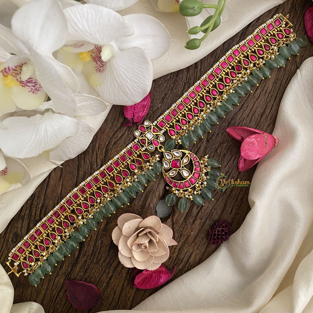 Vriksham Exquisite Red Kundan Jadau Pastel Green Bead Choker-J2985