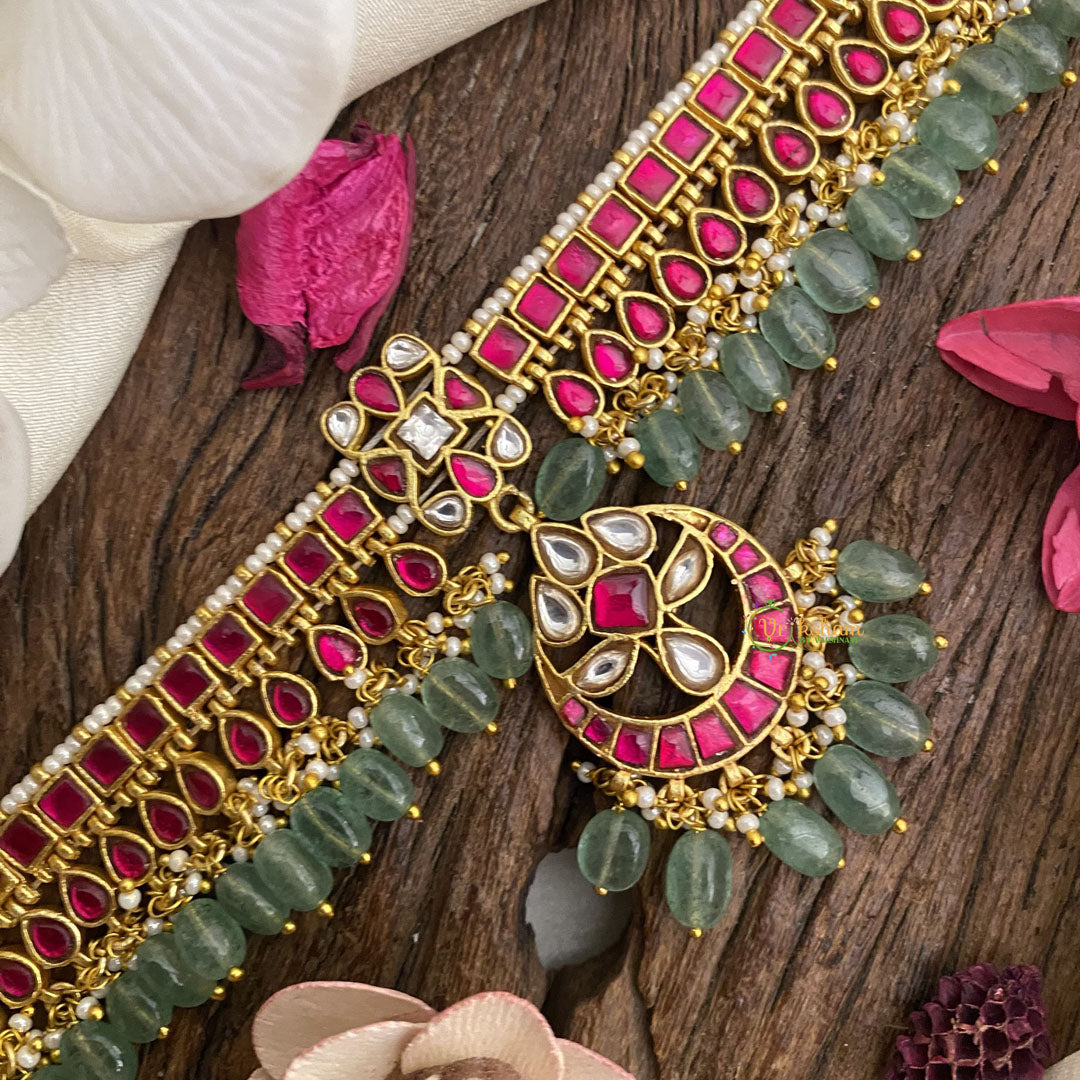 Vriksham Exquisite Red Kundan Jadau Pastel Green Bead Choker-J2985