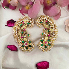 Vriksham Grand Royal Peacock Antique Gold Finish With Multi-Color Kemp Stones Stud Earcuffs -Pearls Coating-Green-G22257
