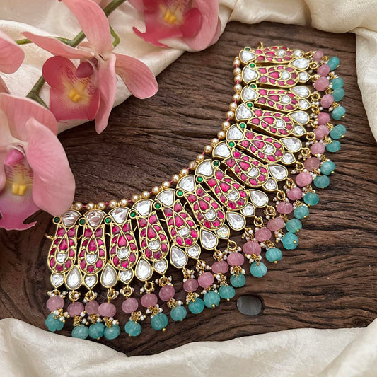 Unique Jadau Kundan Choker-Aqua Blue& Pastel Pink Bead-J2215