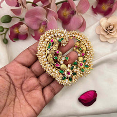 Vriksham Grand Royal Peacock Antique Gold Finish With Multi-Color Kemp Stones Stud Earcuffs -Pearls Coating-Green-G22257