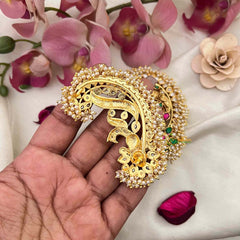 Vriksham Grand Royal Peacock Antique Gold Finish With Multi-Color Kemp Stones Stud Earcuffs -Pearls Coating-Green-G22257