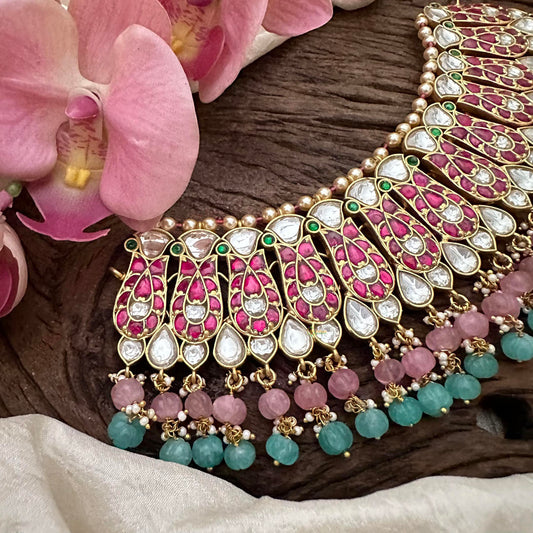 Unique Jadau Kundan Choker-Aqua Blue& Pastel Pink Bead-J2215