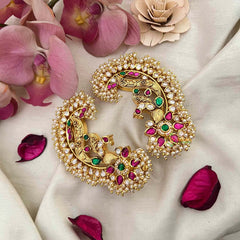 Vriksham Grand Royal Peacock Antique Gold Finish With Multi-Color Kemp Stones Stud Earcuffs -Pearls Coating-Red-G22258
