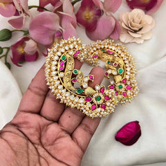 Vriksham Grand Royal Peacock Antique Gold Finish With Multi-Color Kemp Stones Stud Earcuffs -Pearls Coating-Red-G22258