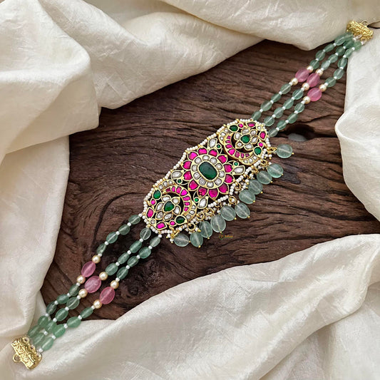 Stylish 3 Layer Jadau Kundan Choker-Pastel Pink Green Bead-J2210