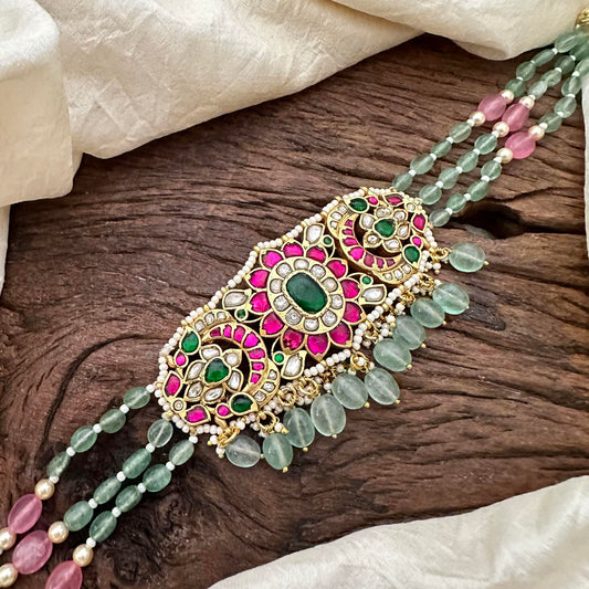 Stylish 3 Layer Jadau Kundan Choker-Pastel Pink Green Bead-J2210