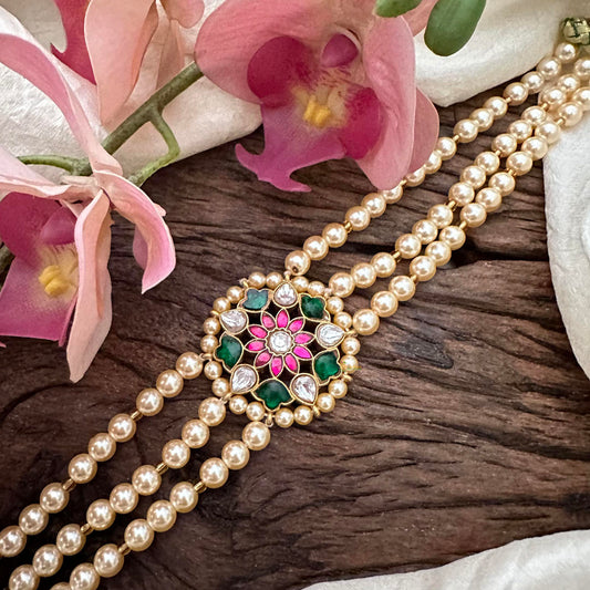 Premium Layered Jadau Kundan High Neck Choker-Pearl-J2200