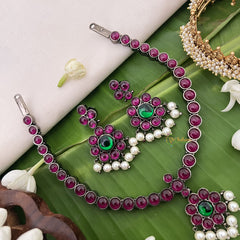 Vriksham Precious Kemp Pendant addigai attigai with earrings -Red-Green - Pearl-G18541