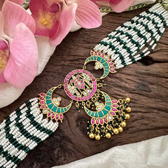 Multilayer Jadau Kundan High Neck Choker-Pearl-Green Bead-J2201