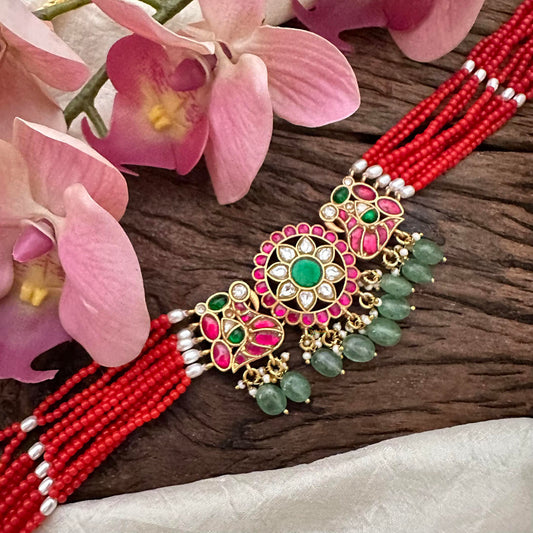 Red bead Multilayer Jadau Kundan High Neck Choker-Aqua Green Bead-J2202