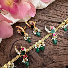 Unique Parrot Jadau Kundan Addigai-Green Bead-Pearl-J2218