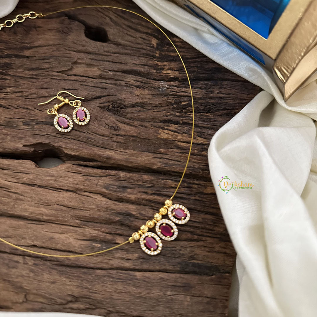 Vriksham 3 Oval Shape Pendant Invisible Chain-Pink White-G18471